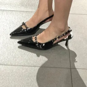 Black Kitten Heel Sandals with Buckle