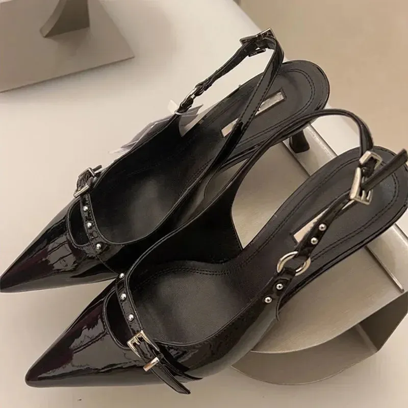 Black Kitten Heel Sandals with Buckle