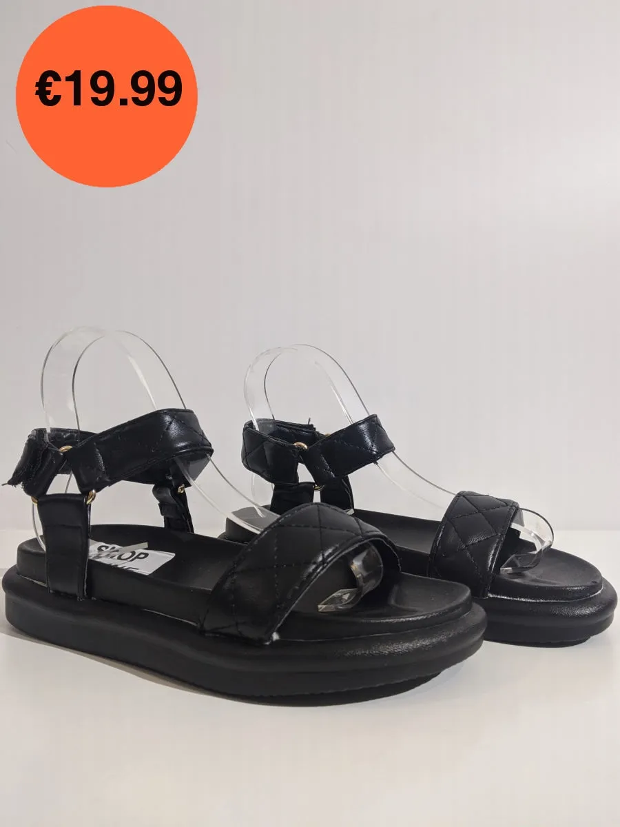 Black Quilted Velcro Strap Chunky Platform Sandal