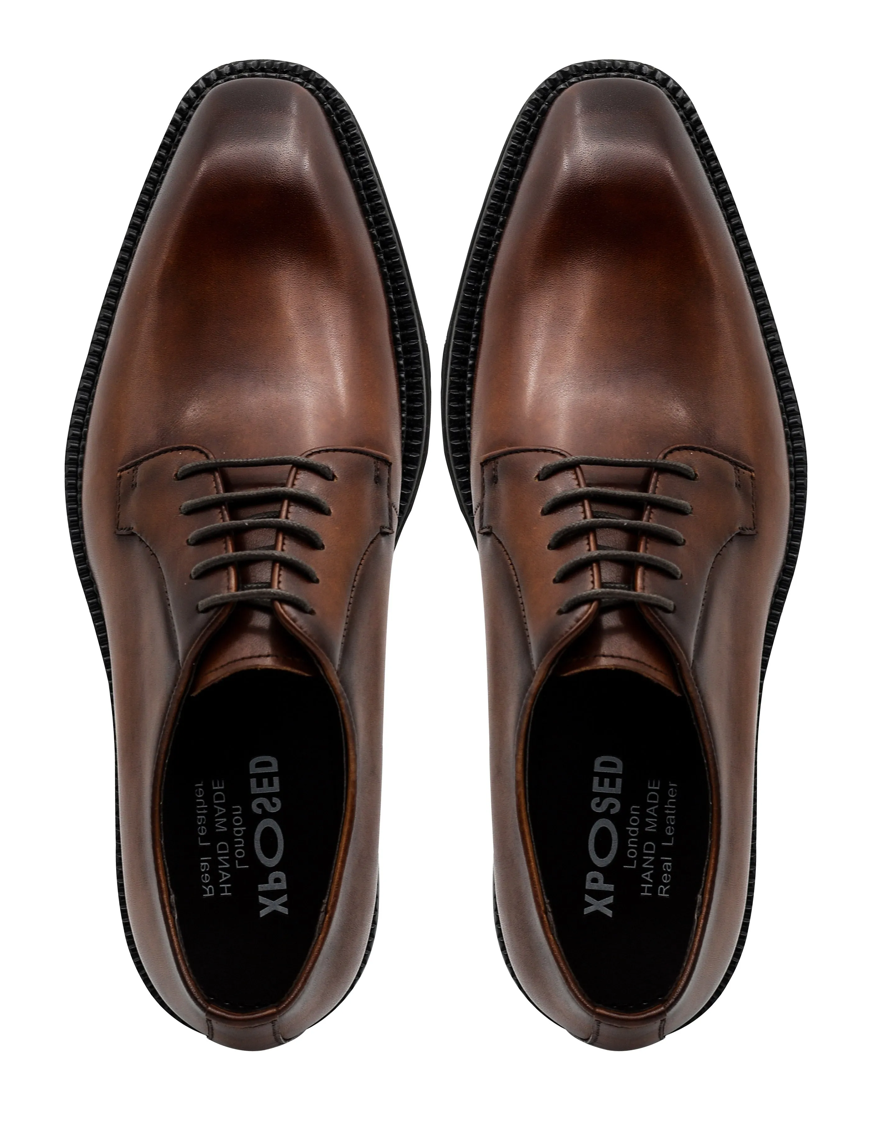 BROWN POLISHED LEATHER DERBY SHOES – CHISEL TOE – LUG SOLE