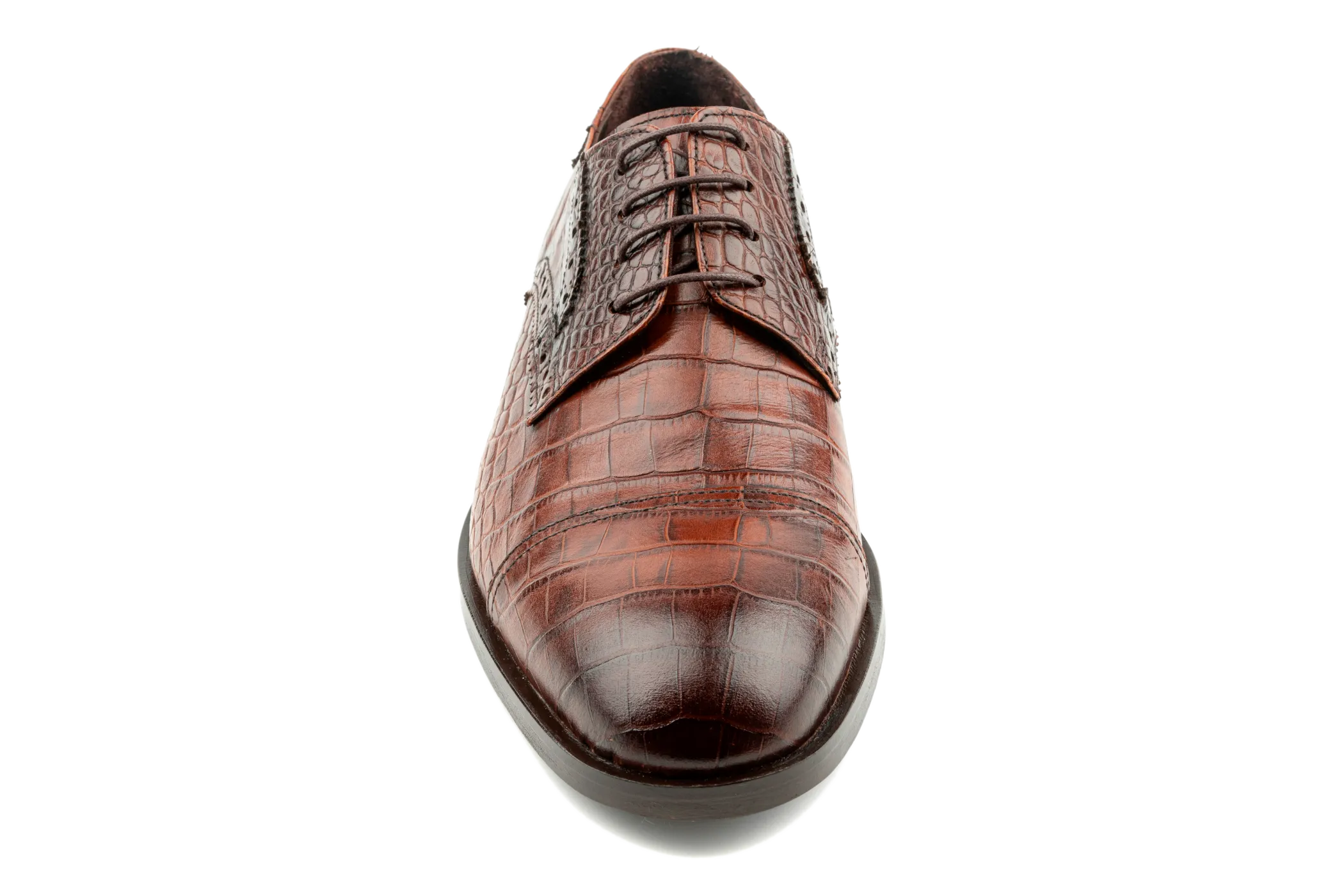 Cap Toe Derby Shoes, Designer Derby Shoes, Crocodile & Iguana Pattern Embossed Calfskin Handmade Dress Shoes for Men, Handmade Leather Sole High Gloss Tan Dress Shoes : Taj by Debbano