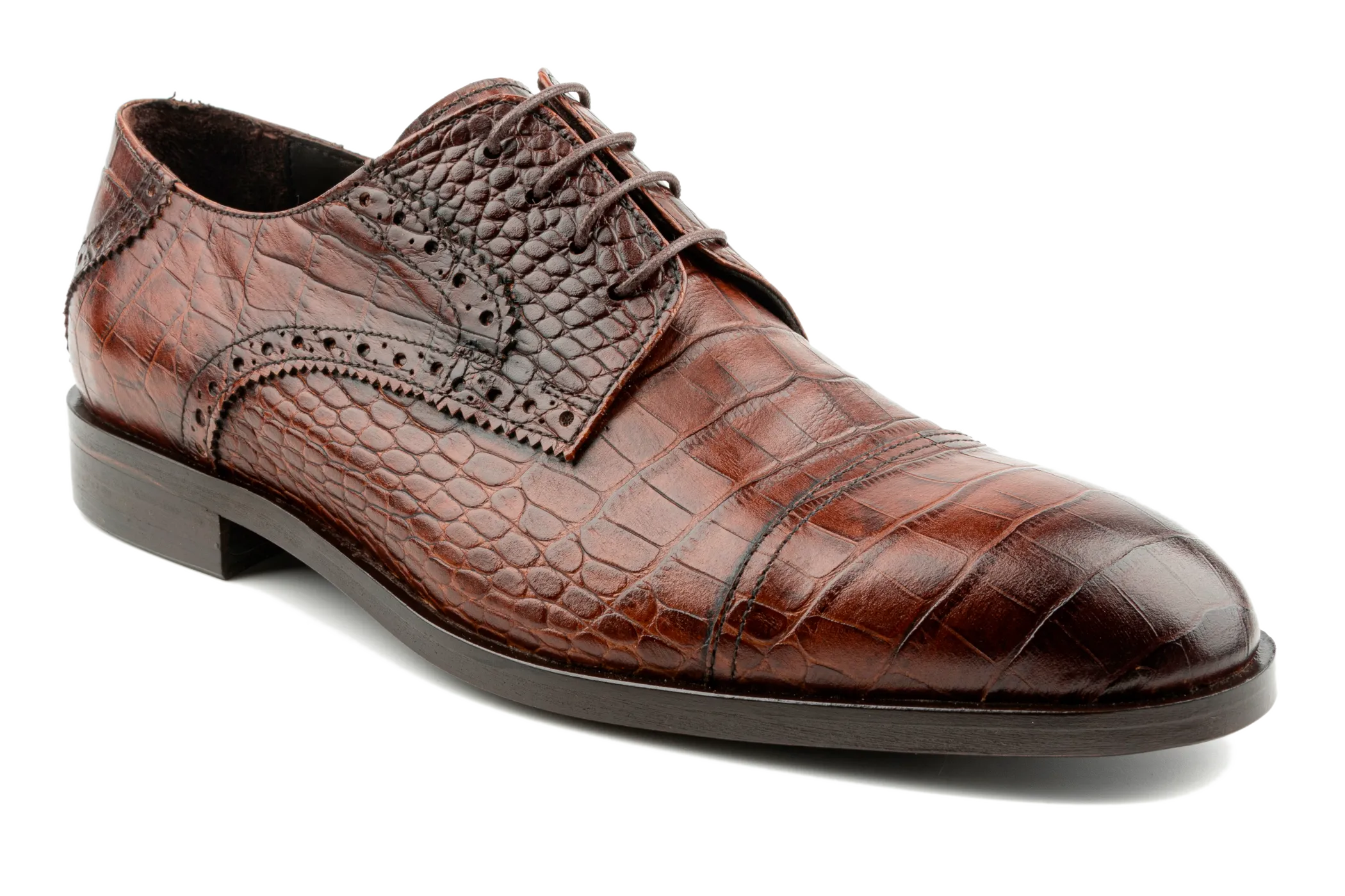 Cap Toe Derby Shoes, Designer Derby Shoes, Crocodile & Iguana Pattern Embossed Calfskin Handmade Dress Shoes for Men, Handmade Leather Sole High Gloss Tan Dress Shoes : Taj by Debbano