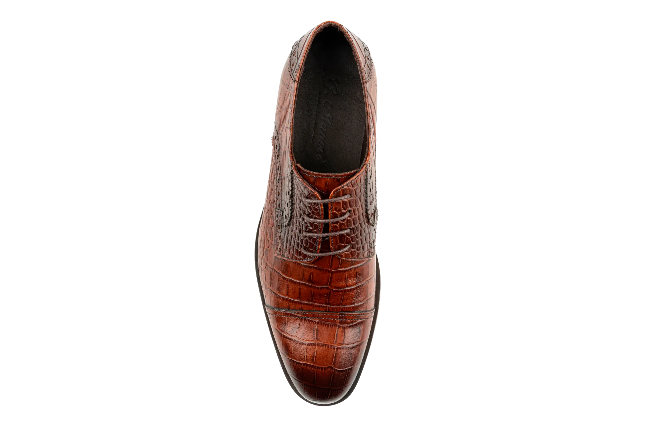 Cap Toe Derby Shoes, Designer Derby Shoes, Crocodile & Iguana Pattern Embossed Calfskin Handmade Dress Shoes for Men, Handmade Leather Sole High Gloss Tan Dress Shoes : Taj by Debbano