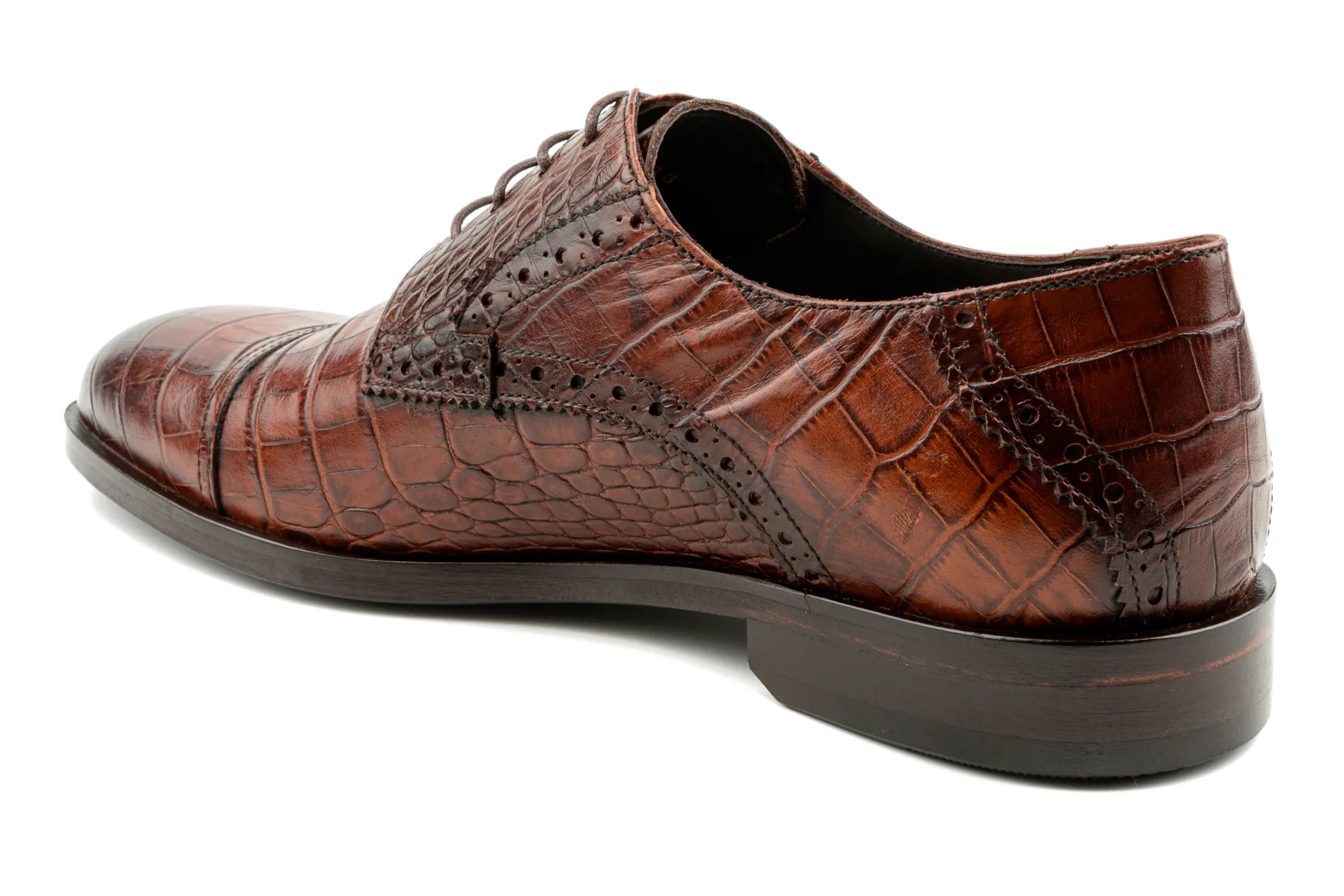 Cap Toe Derby Shoes, Designer Derby Shoes, Crocodile & Iguana Pattern Embossed Calfskin Handmade Dress Shoes for Men, Handmade Leather Sole High Gloss Tan Dress Shoes : Taj by Debbano