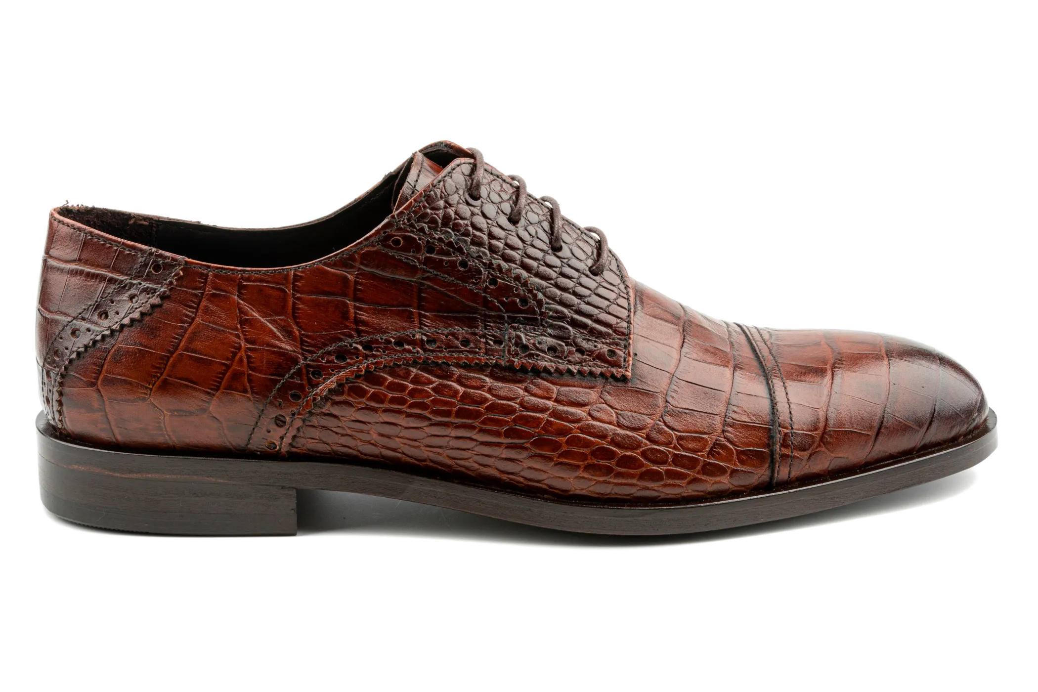 Cap Toe Derby Shoes, Designer Derby Shoes, Crocodile & Iguana Pattern Embossed Calfskin Handmade Dress Shoes for Men, Handmade Leather Sole High Gloss Tan Dress Shoes : Taj by Debbano