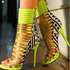 Colorblock Buckles Rivet Print High Heel Sandals