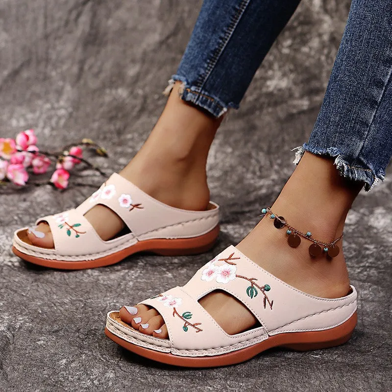 Flip flops women's summer wedge heel platform sandals embroidered women's sandals