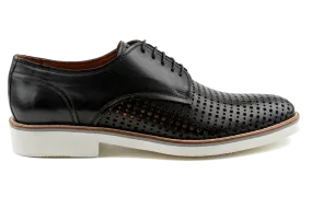 Isa Summer Derby Shoes, Top Grain Perforated and Plain Leather Dress Up Sneakers, All Black Dress Sneakers, Sneaker Bottom Dress Shoes