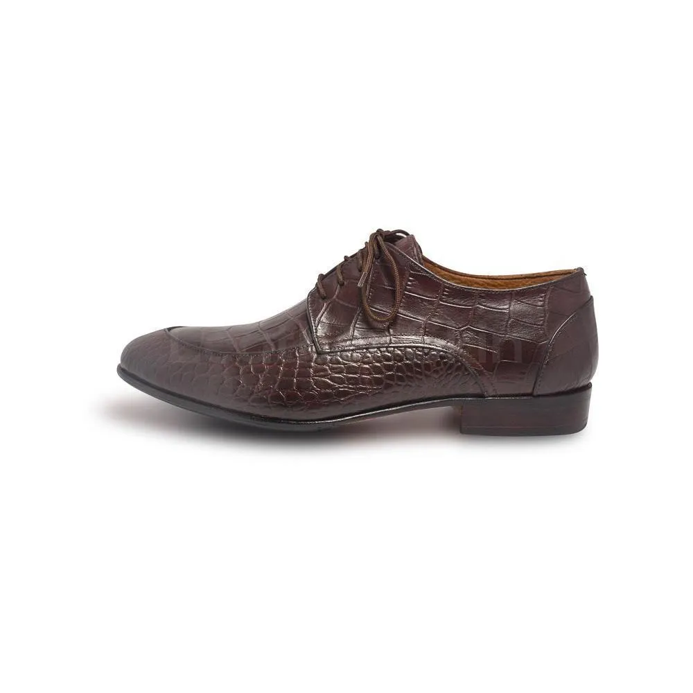 Men Brown Crocodile Shoes with Derby Style and Algonquin Toe