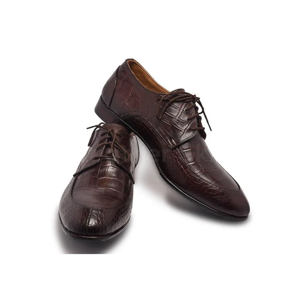 Men Brown Crocodile Shoes with Derby Style and Algonquin Toe