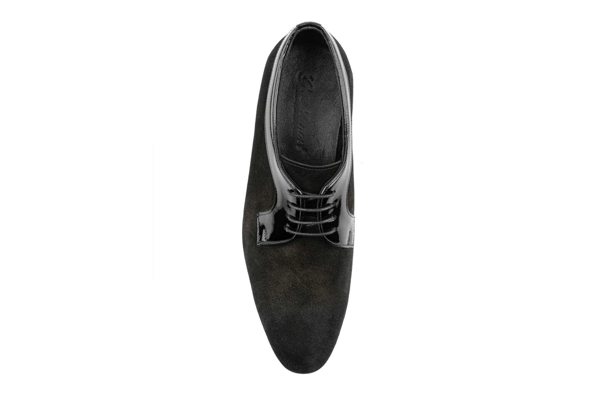 Men's Suede Derby Shoes with Shiny Patent Leather Details, Plain Toe Derby Lace-Ups, Black Derby Shoes: Syd by Debbano