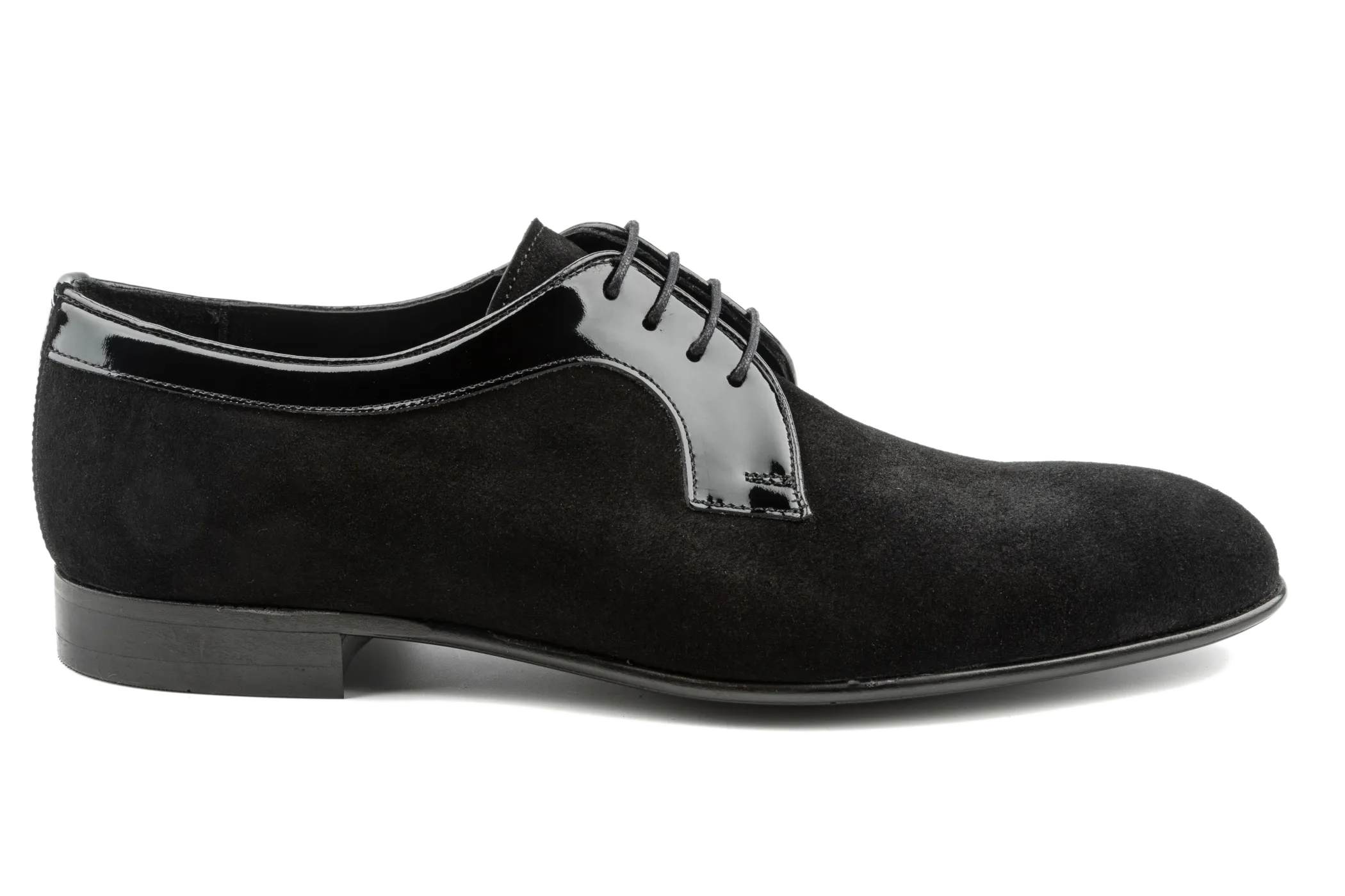 Men's Suede Derby Shoes with Shiny Patent Leather Details, Plain Toe Derby Lace-Ups, Black Derby Shoes: Syd by Debbano