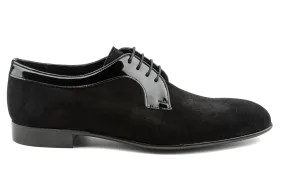 Men's Suede Derby Shoes with Shiny Patent Leather Details, Plain Toe Derby Lace-Ups, Black Derby Shoes: Syd by Debbano