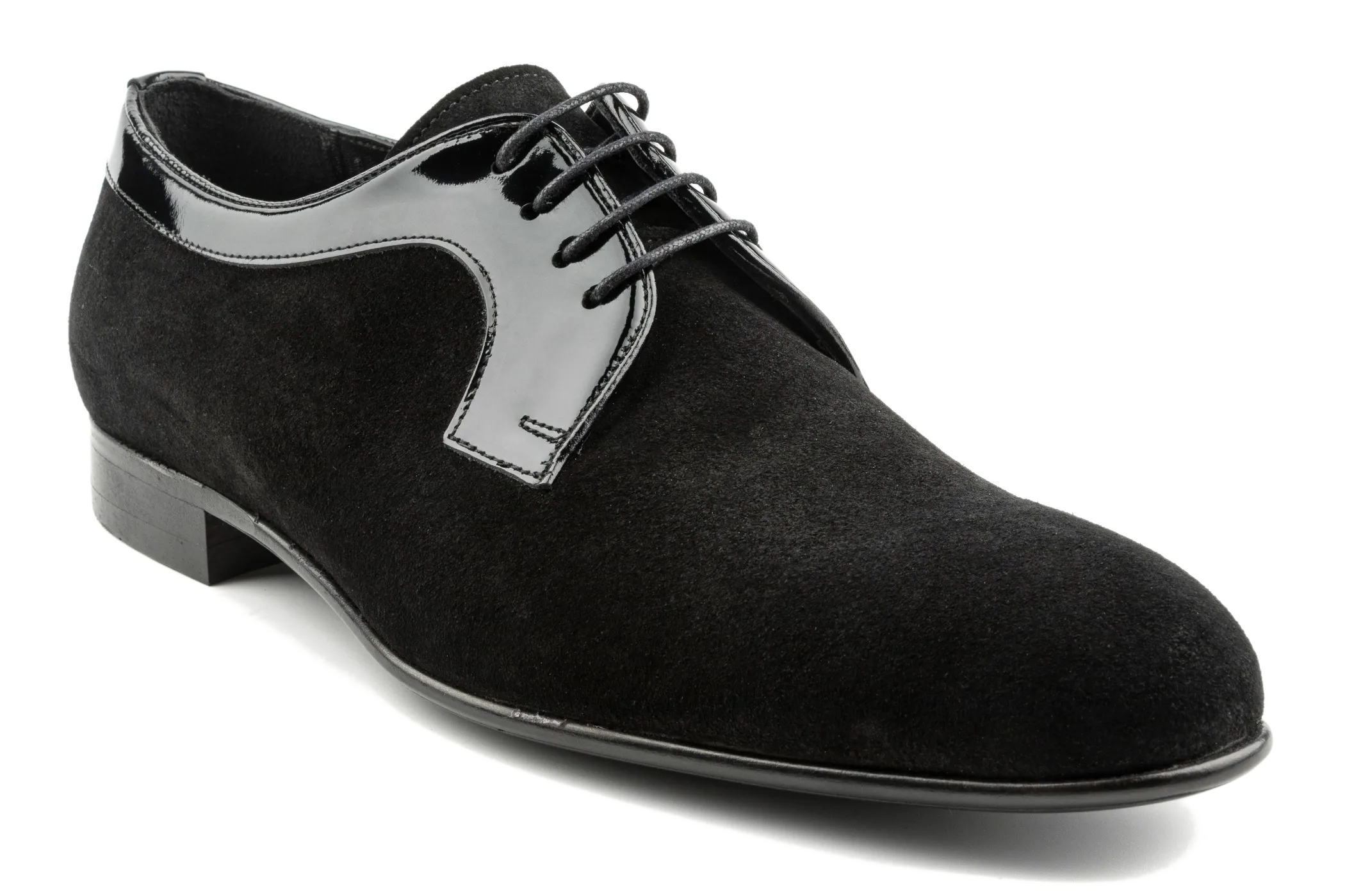 Men's Suede Derby Shoes with Shiny Patent Leather Details, Plain Toe Derby Lace-Ups, Black Derby Shoes: Syd by Debbano