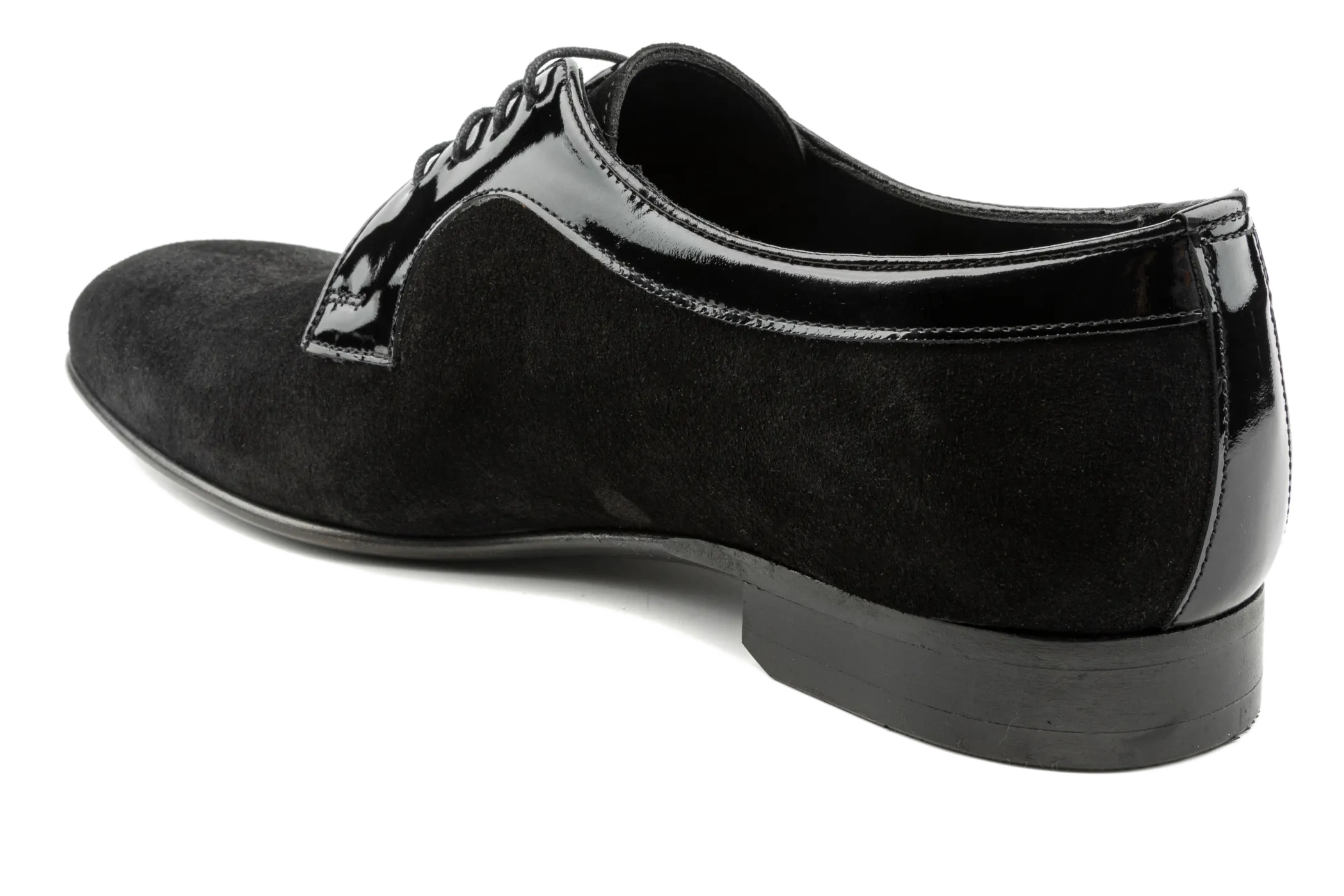 Men's Suede Derby Shoes with Shiny Patent Leather Details, Plain Toe Derby Lace-Ups, Black Derby Shoes: Syd by Debbano