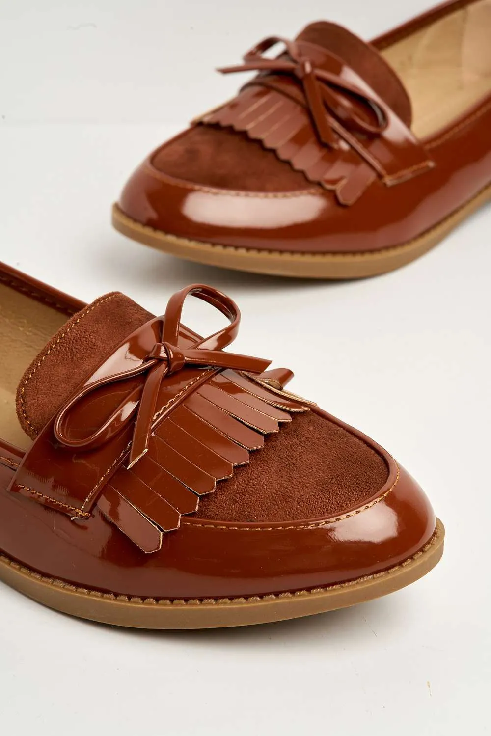 Morgan Fringe Detail Bow Loafers in Camel