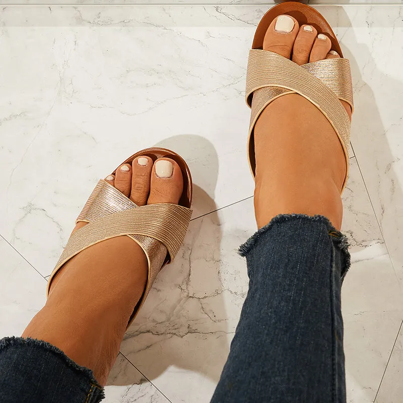 Sohiwoo Criss Cross Slide Wedge Sandals Peep Toe Low Heel Sandals