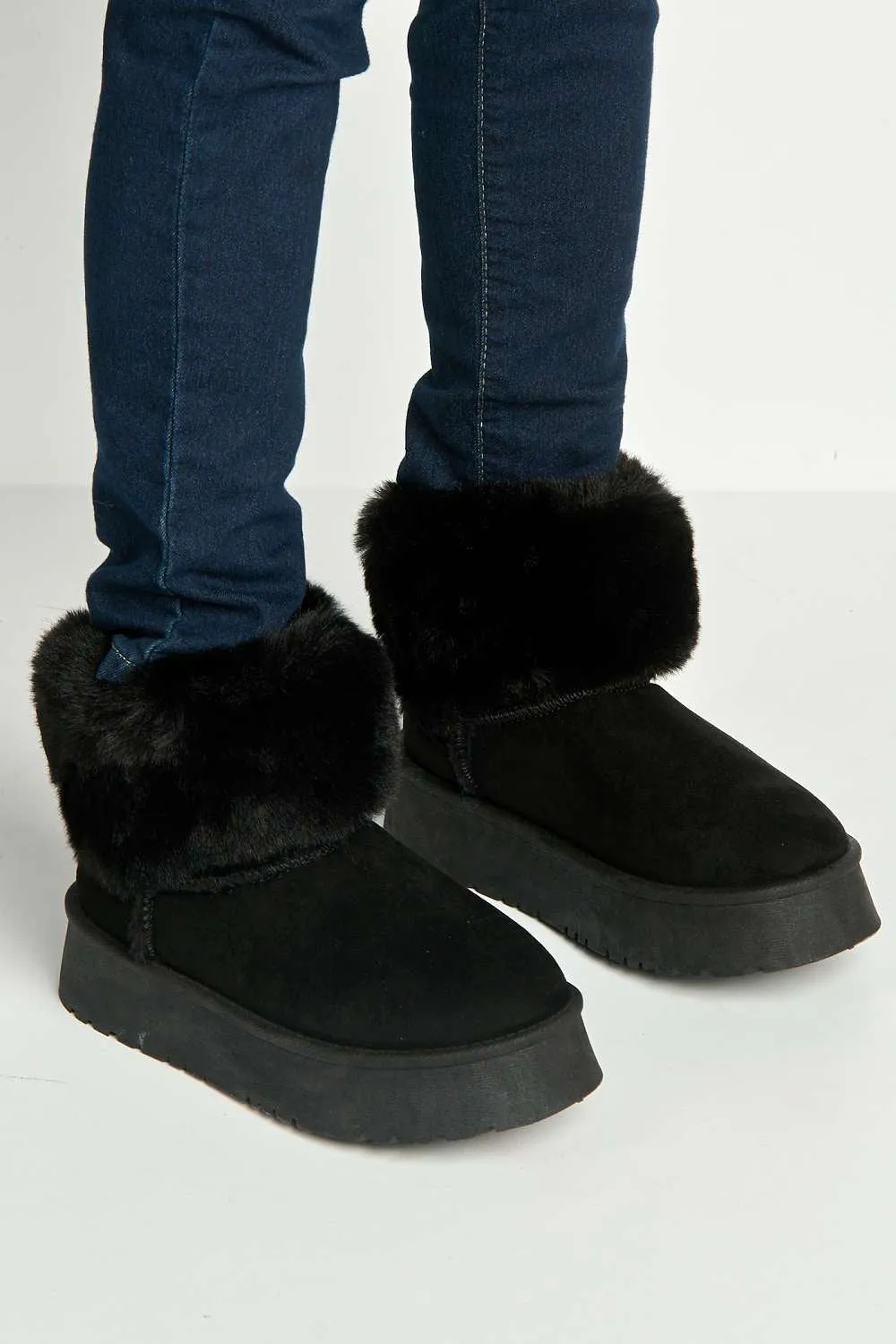 Sonya Faux Fur Flatform Ankle Boots in Black