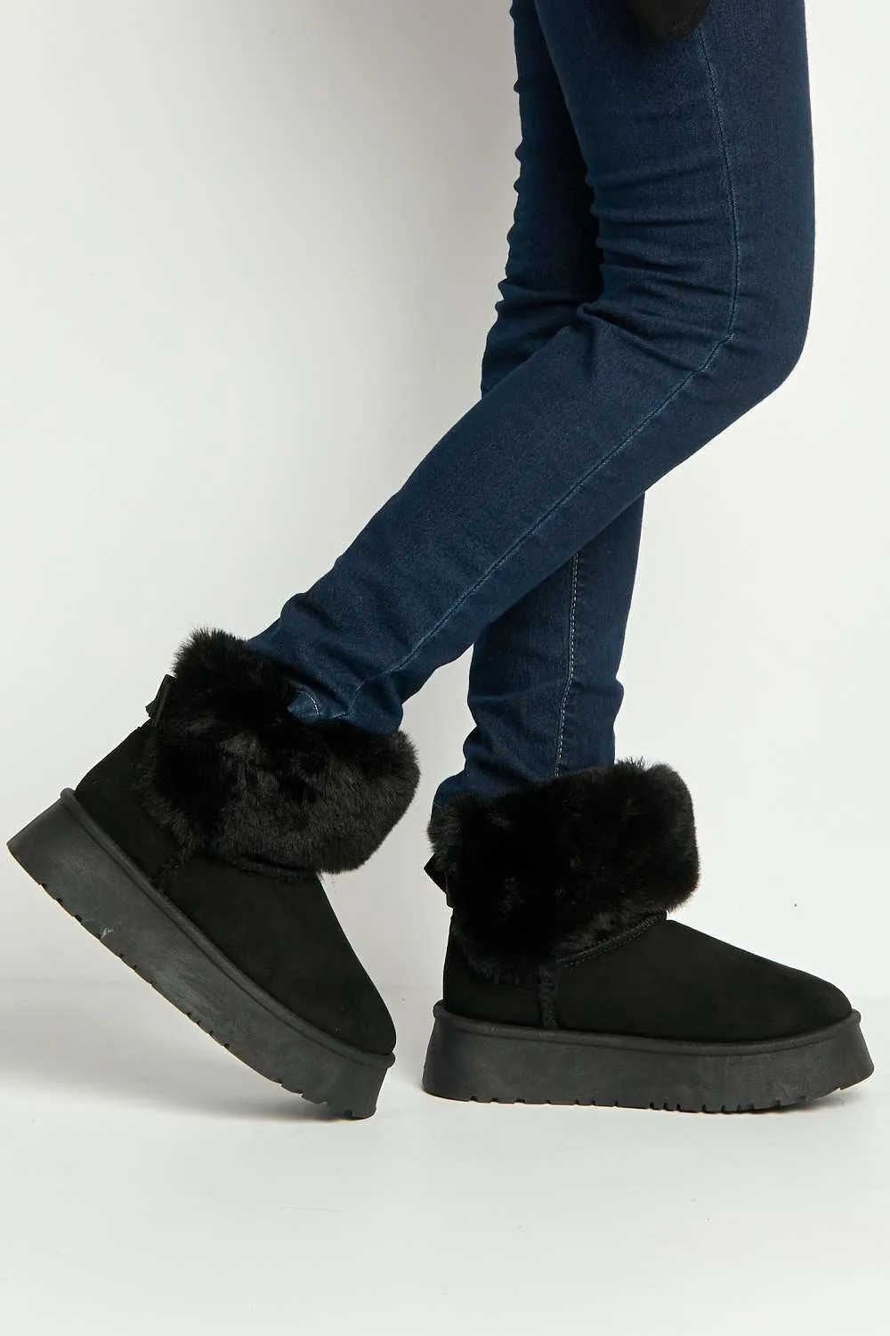 Sonya Faux Fur Flatform Ankle Boots in Black