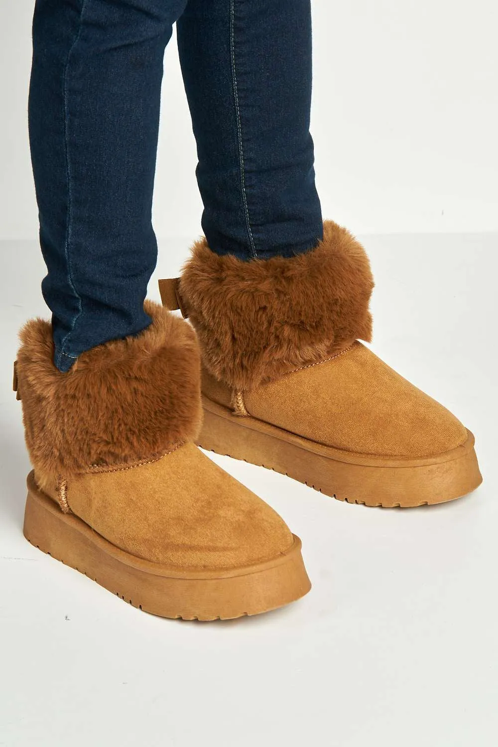 Sonya Faux Fur Flatform Ankle Boots in Camel