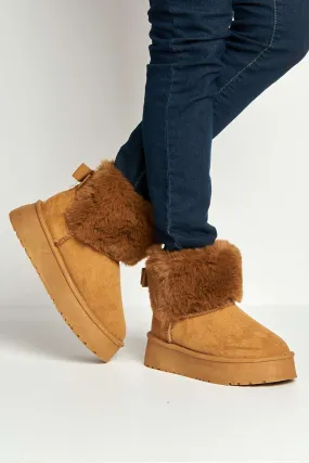 Sonya Faux Fur Flatform Ankle Boots in Camel