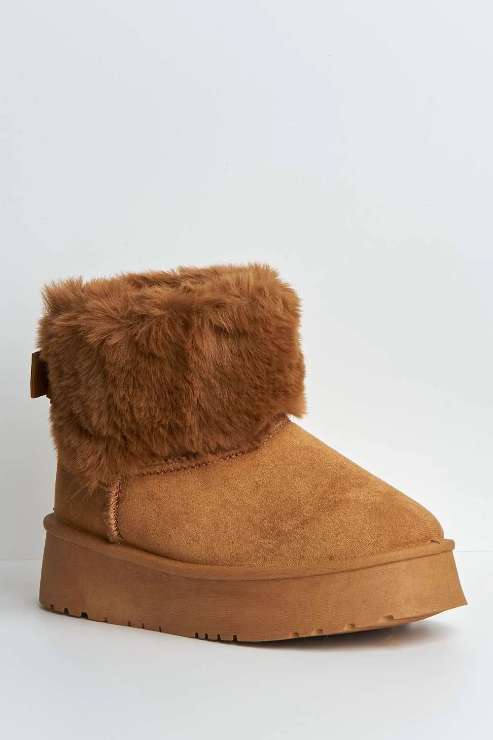 Sonya Faux Fur Flatform Ankle Boots in Camel