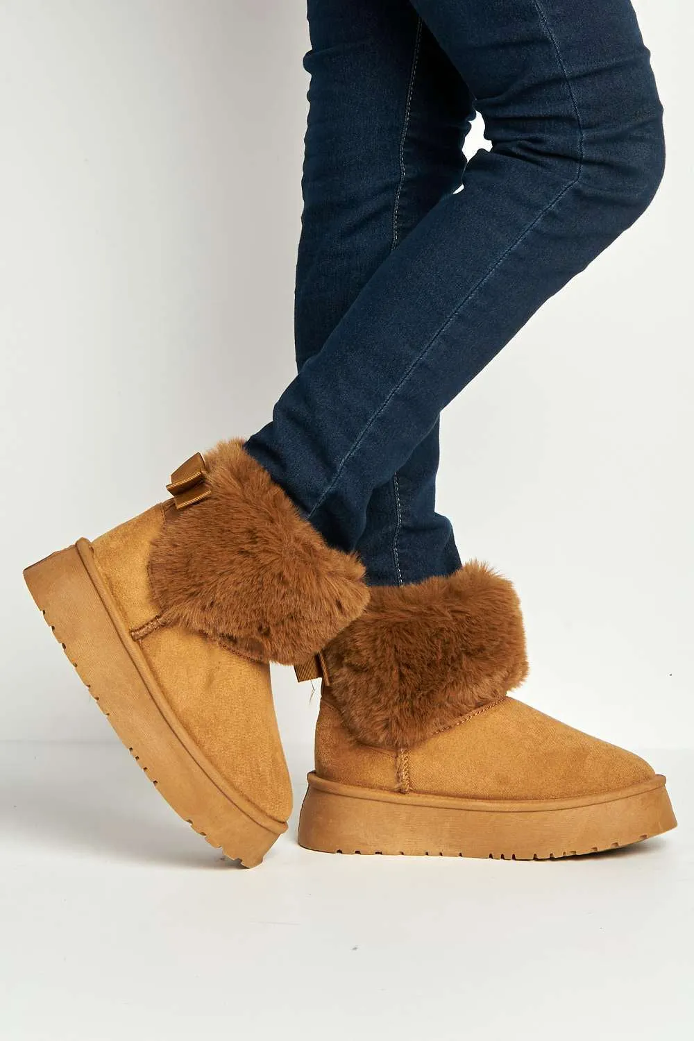 Sonya Faux Fur Flatform Ankle Boots in Camel