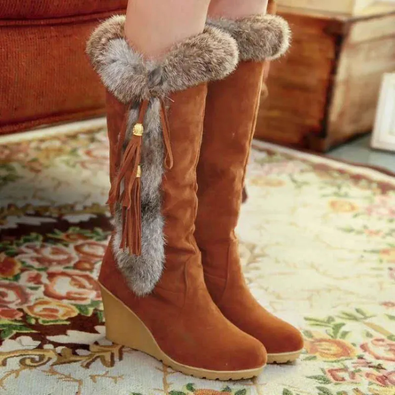 Trendy Wedge Platform Plush Thigh High Heel Boots