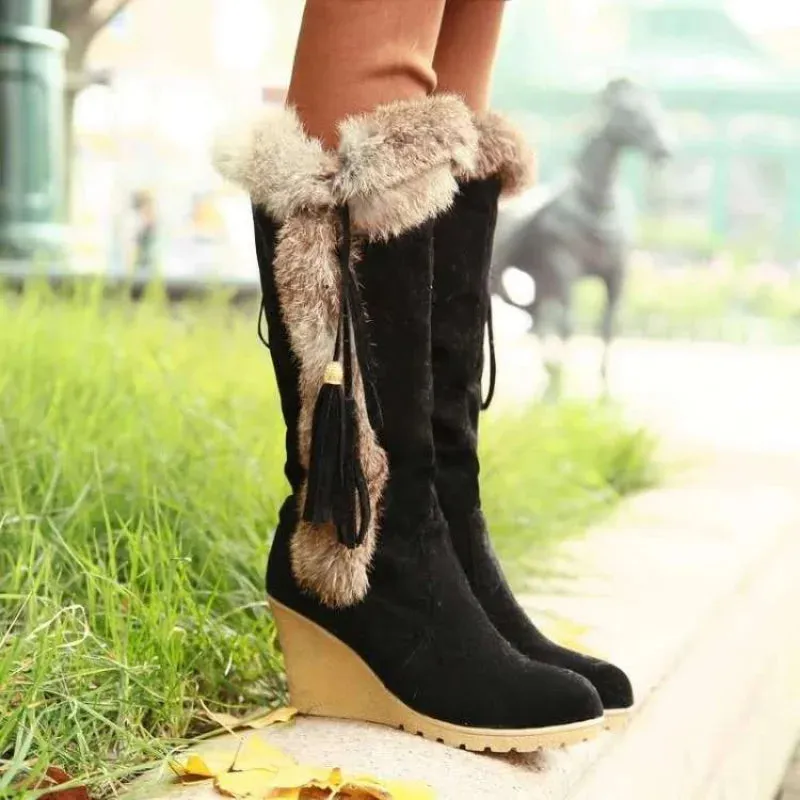 Trendy Wedge Platform Plush Thigh High Heel Boots