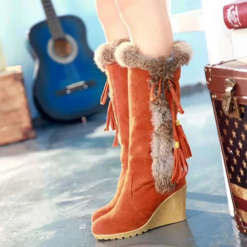 Trendy Wedge Platform Plush Thigh High Heel Boots