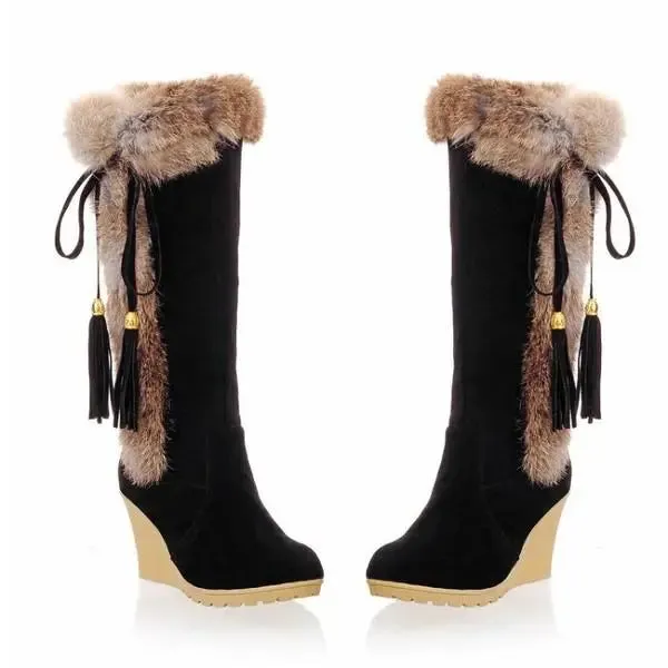 Trendy Wedge Platform Plush Thigh High Heel Boots