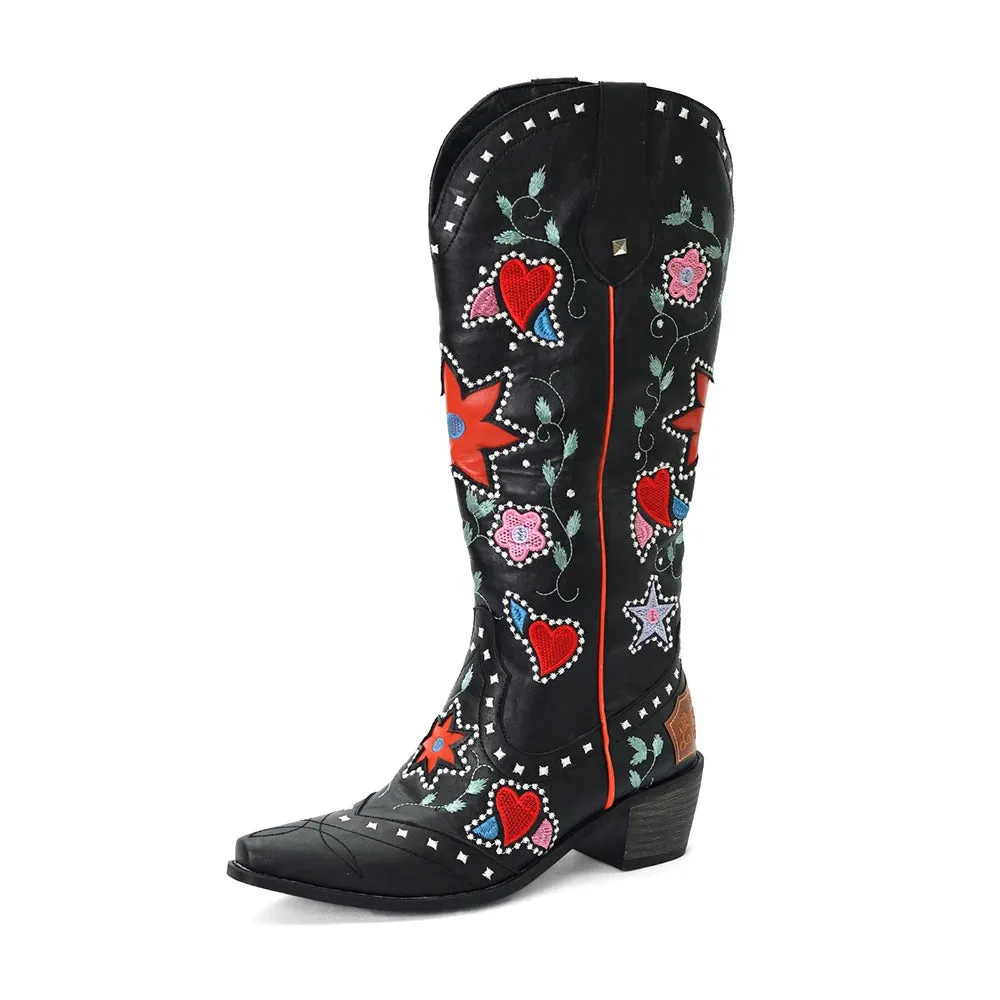 Women’s Valentine Heart Embroidered Vintage Western Knee-High Boots