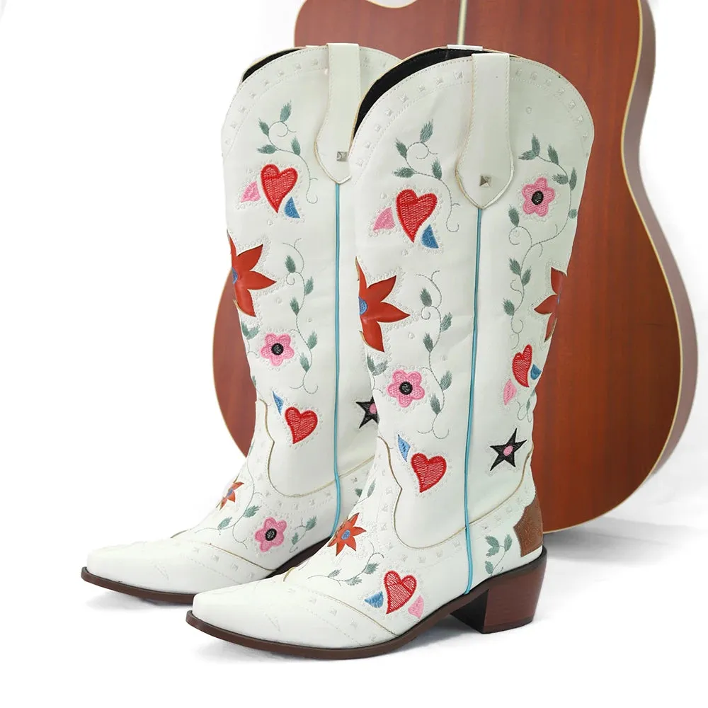 Women’s Valentine Heart Embroidered Vintage Western Knee-High Boots