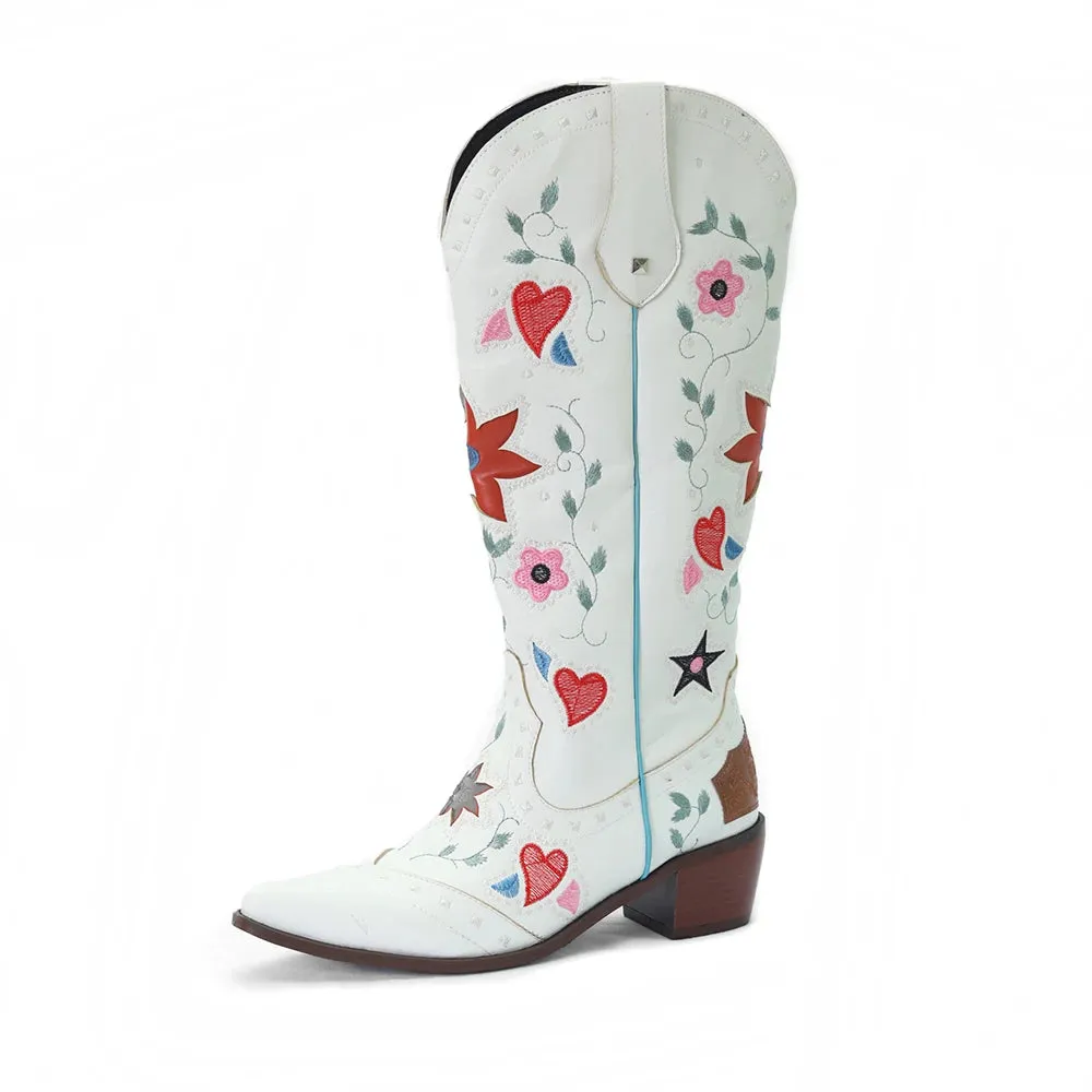 Women’s Valentine Heart Embroidered Vintage Western Knee-High Boots