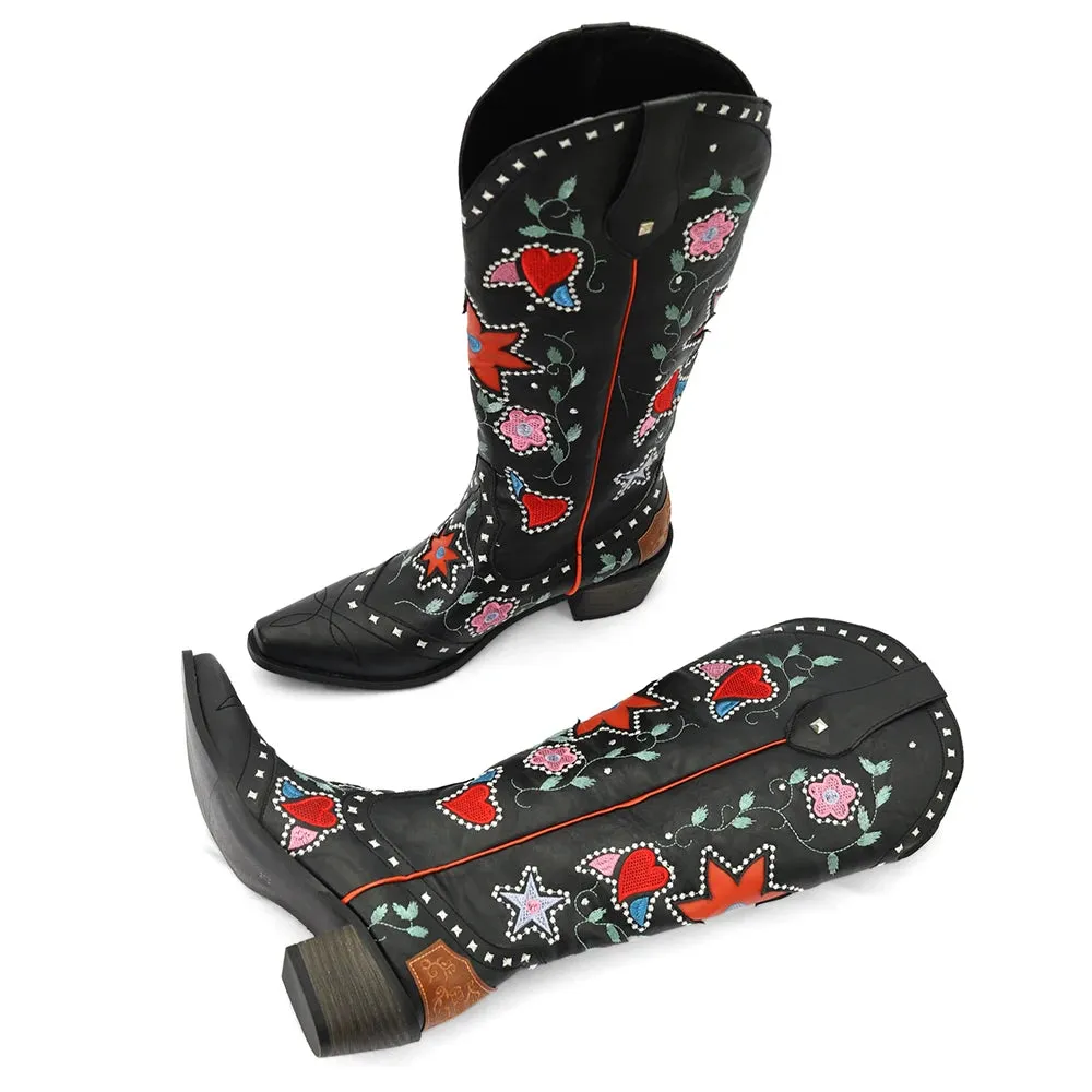 Women’s Valentine Heart Embroidered Vintage Western Knee-High Boots