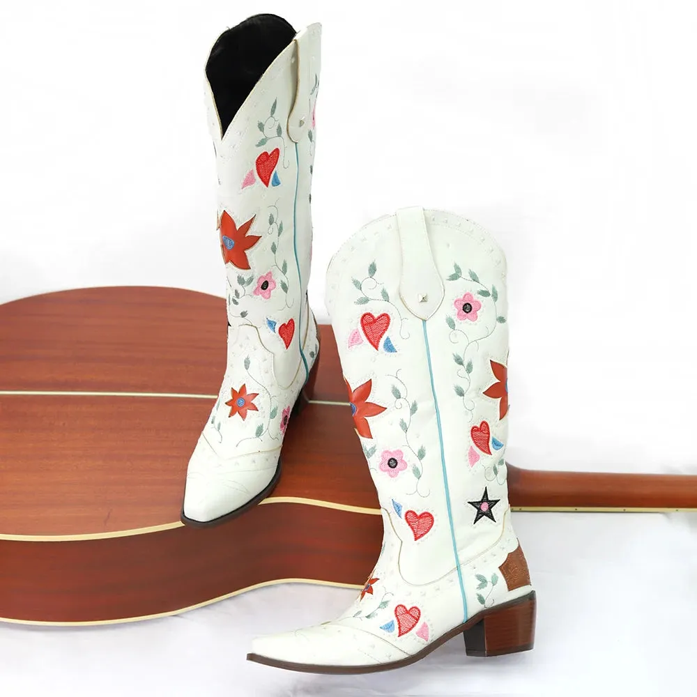 Women’s Valentine Heart Embroidered Vintage Western Knee-High Boots