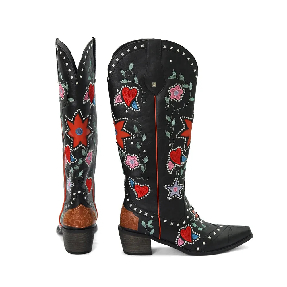 Women’s Valentine Heart Embroidered Vintage Western Knee-High Boots